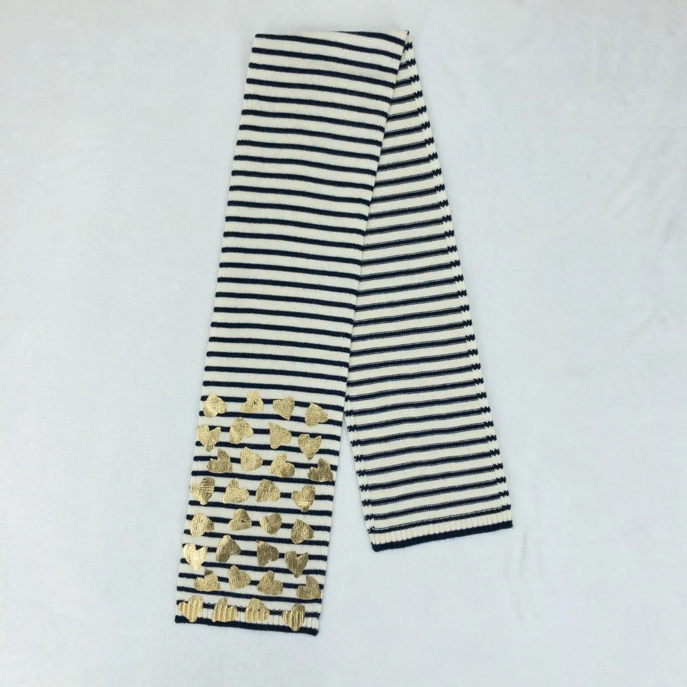 Crewcuts Wool‎ Blend Scarf Kids One Size Blue White Striped Gold Hearts New